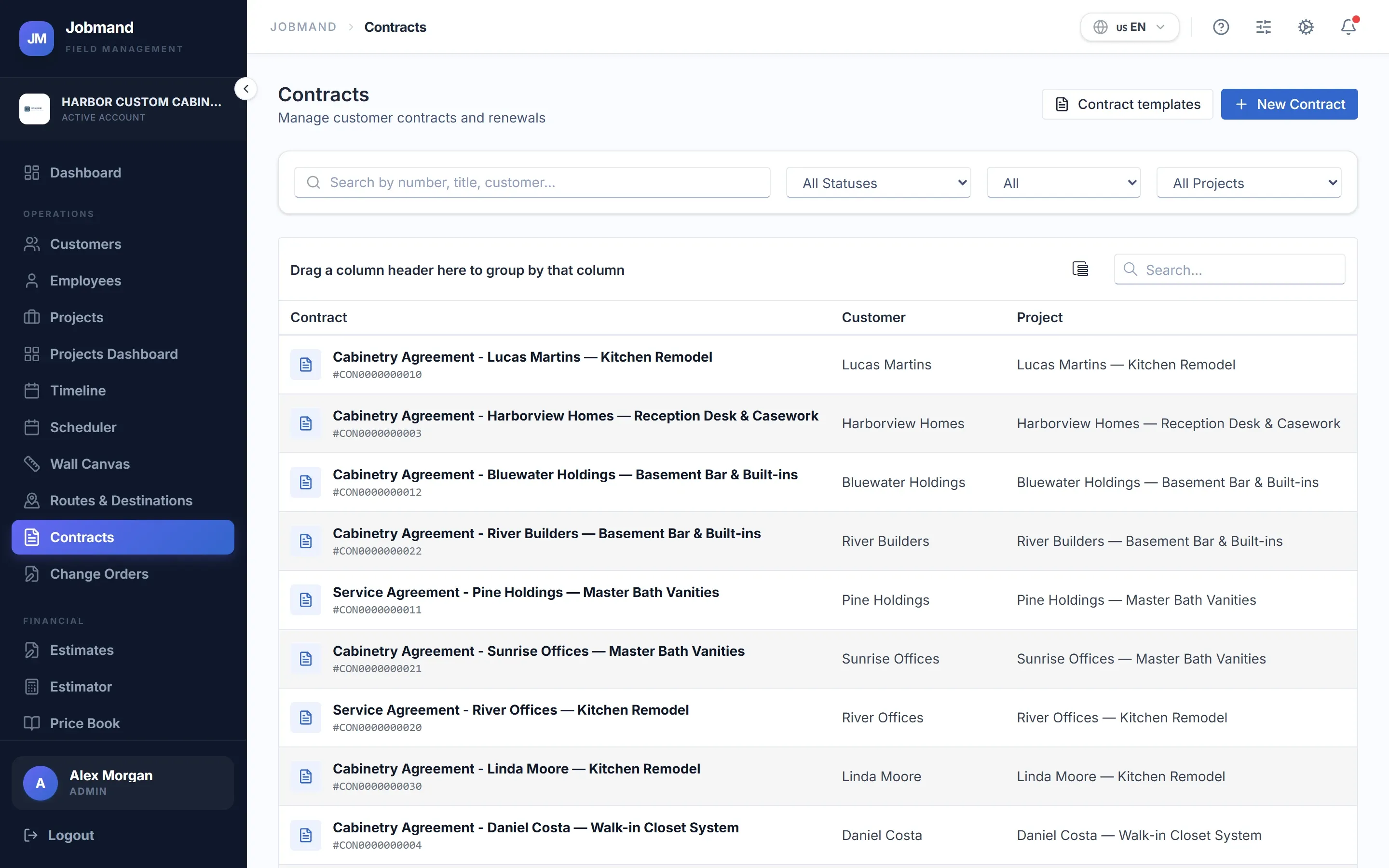 The Contracts list with customer, project and status.