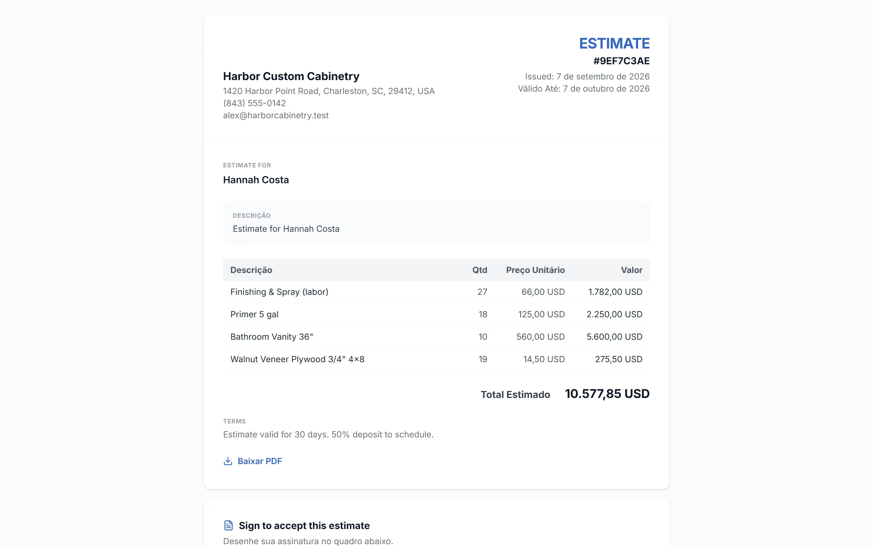 Um documento de orçamento com itens, imposto e o total estimado.