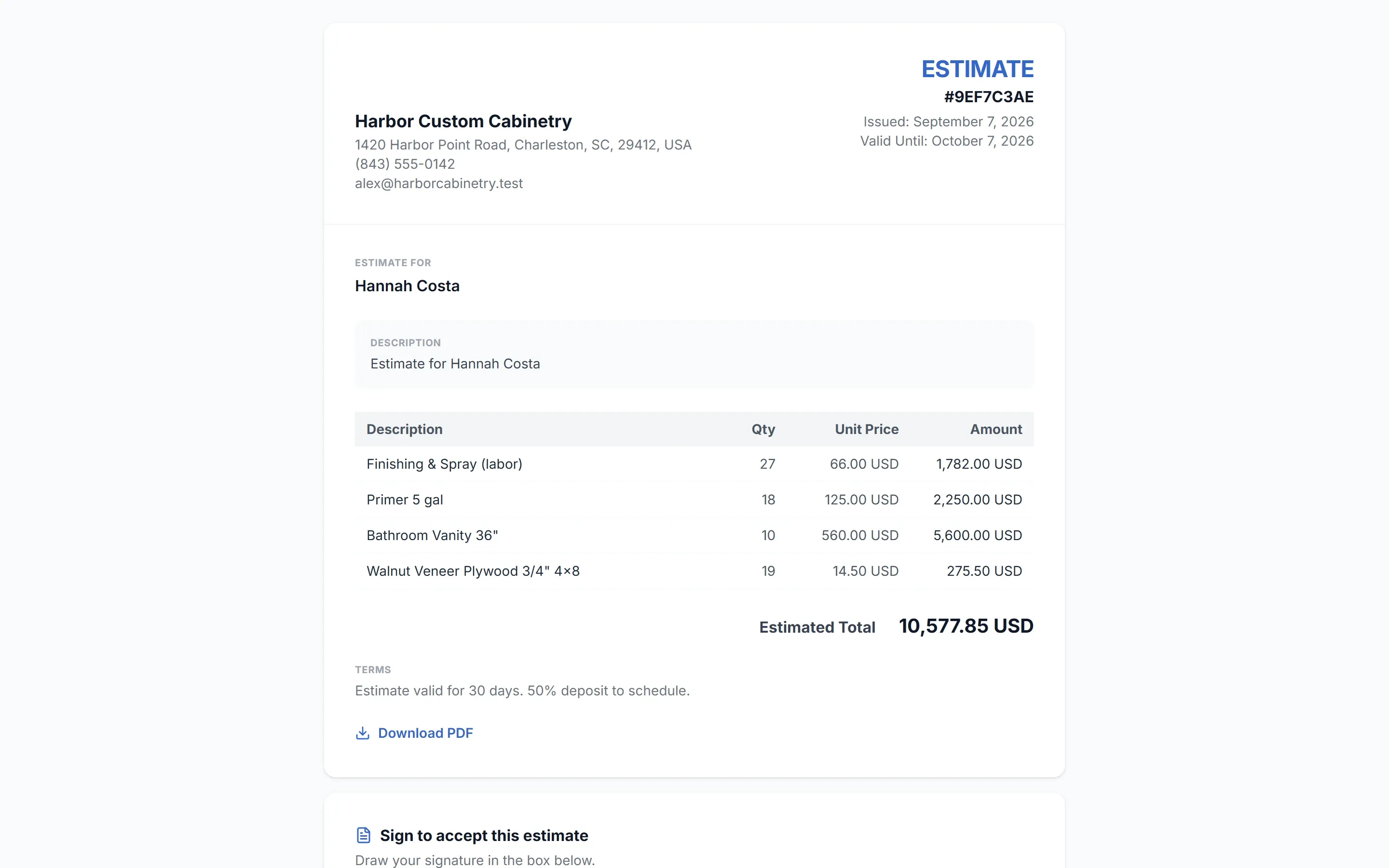 An estimate document with line items, tax and the estimated total.