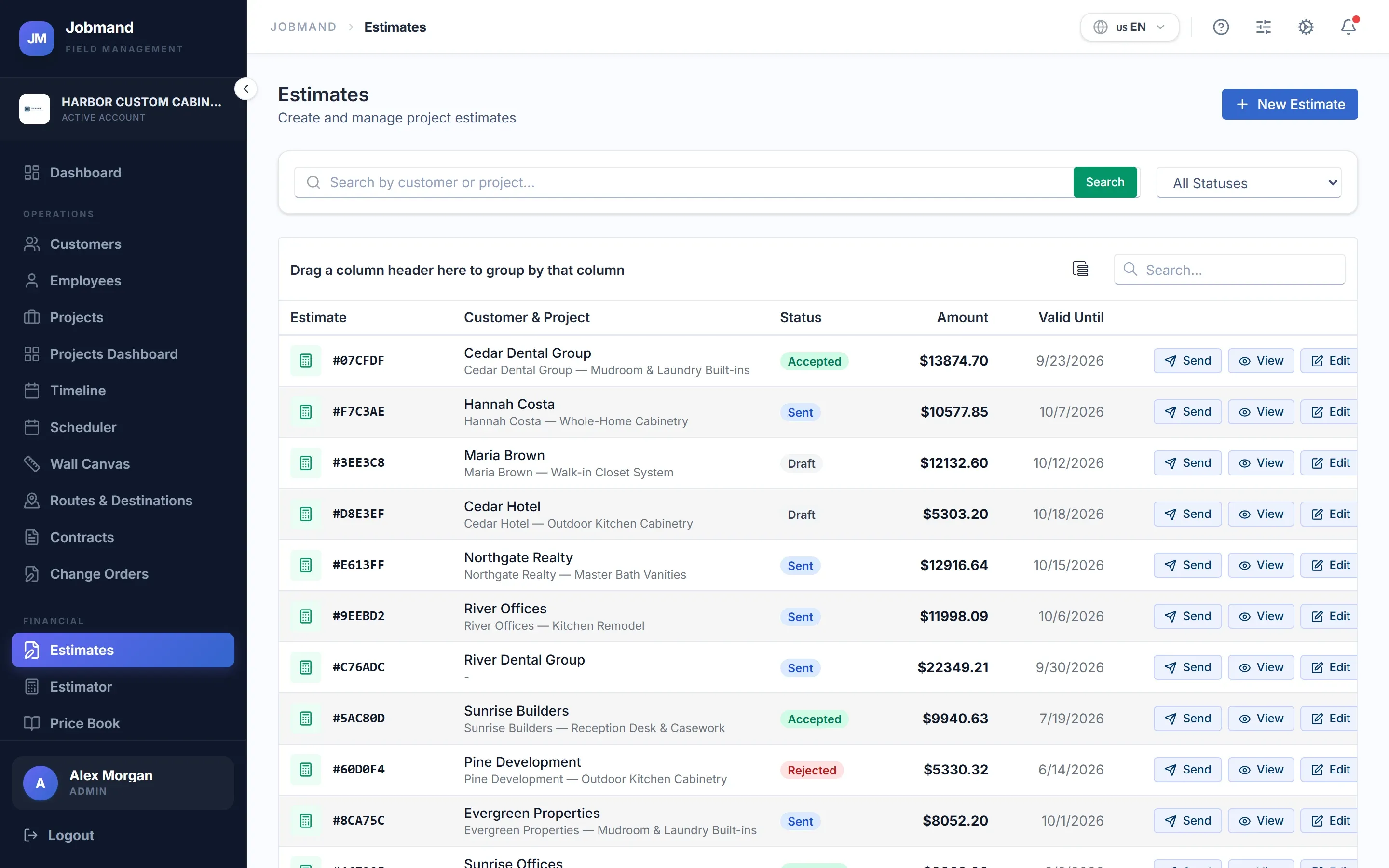 The Estimates list with status and amount.