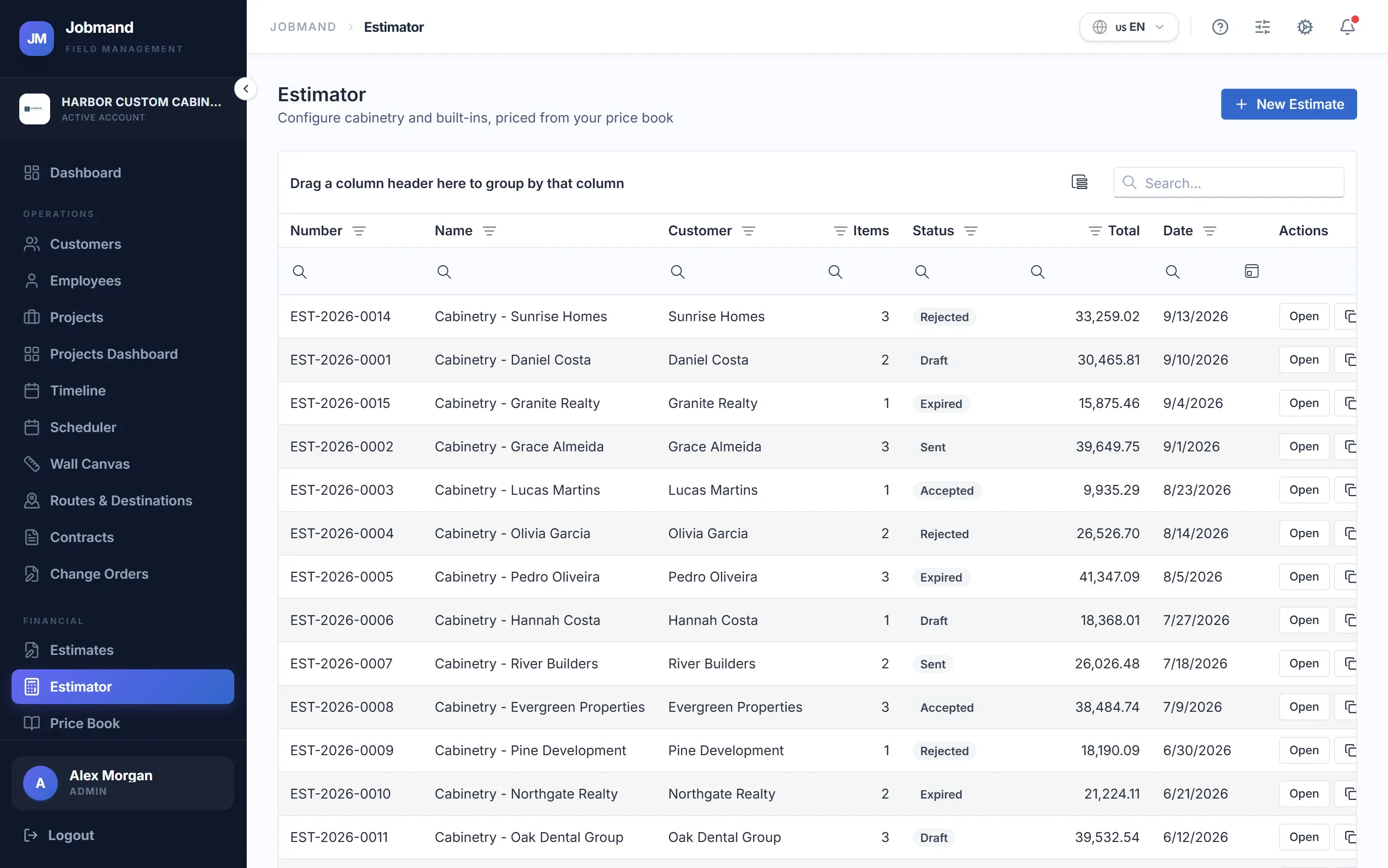 The Estimator with items and a live price breakdown.