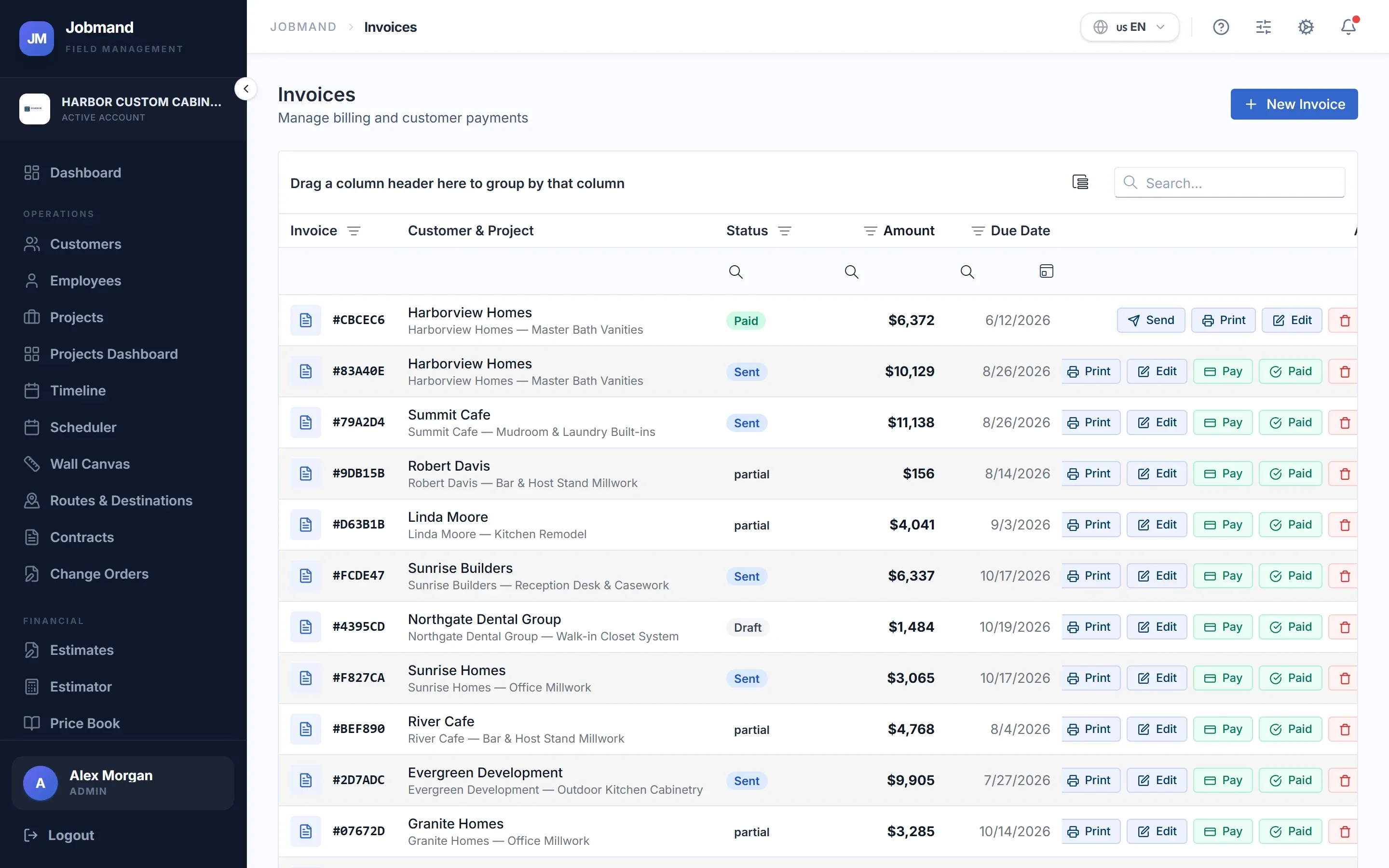 The invoice list with amounts, due dates and status.