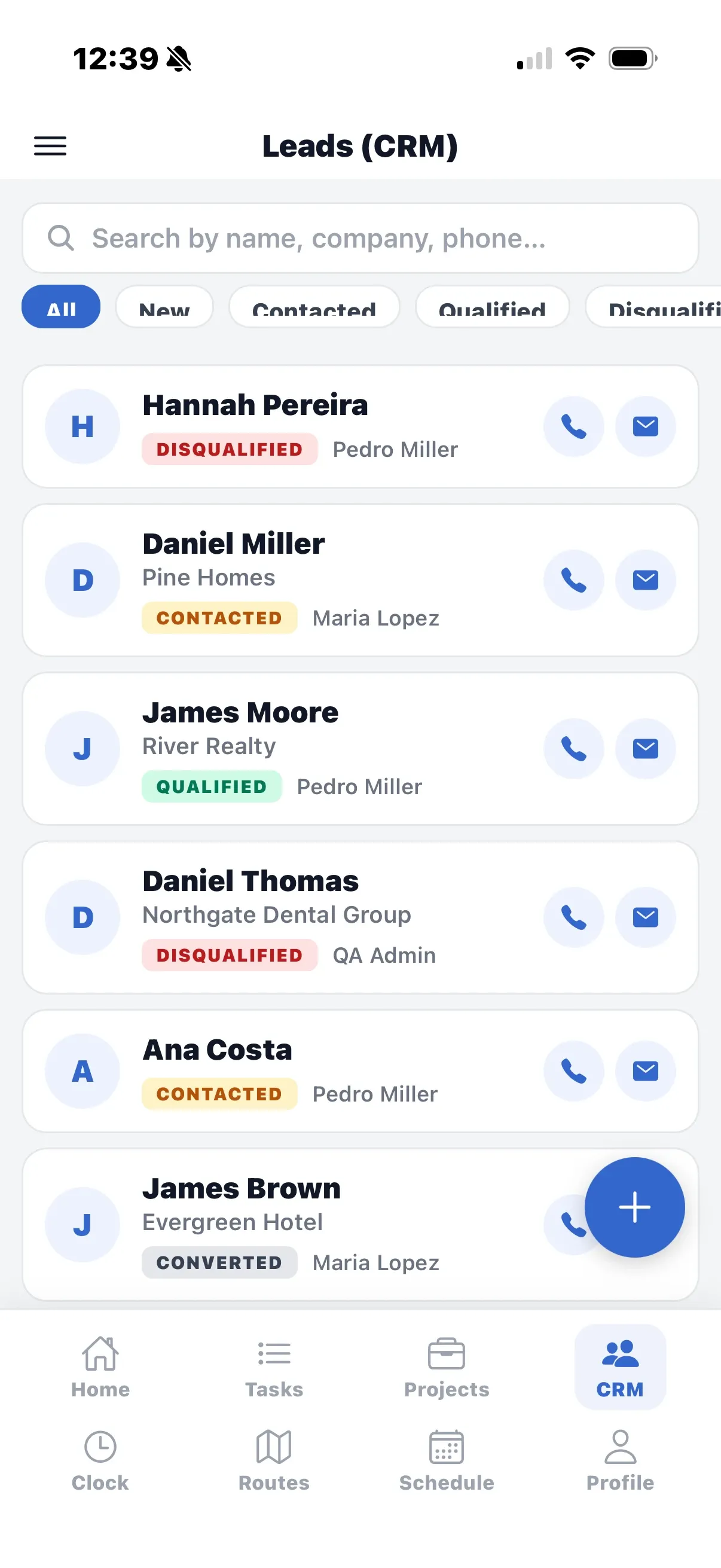 The Leads screen of the crew app: a searchable list with status badges and call and email buttons.