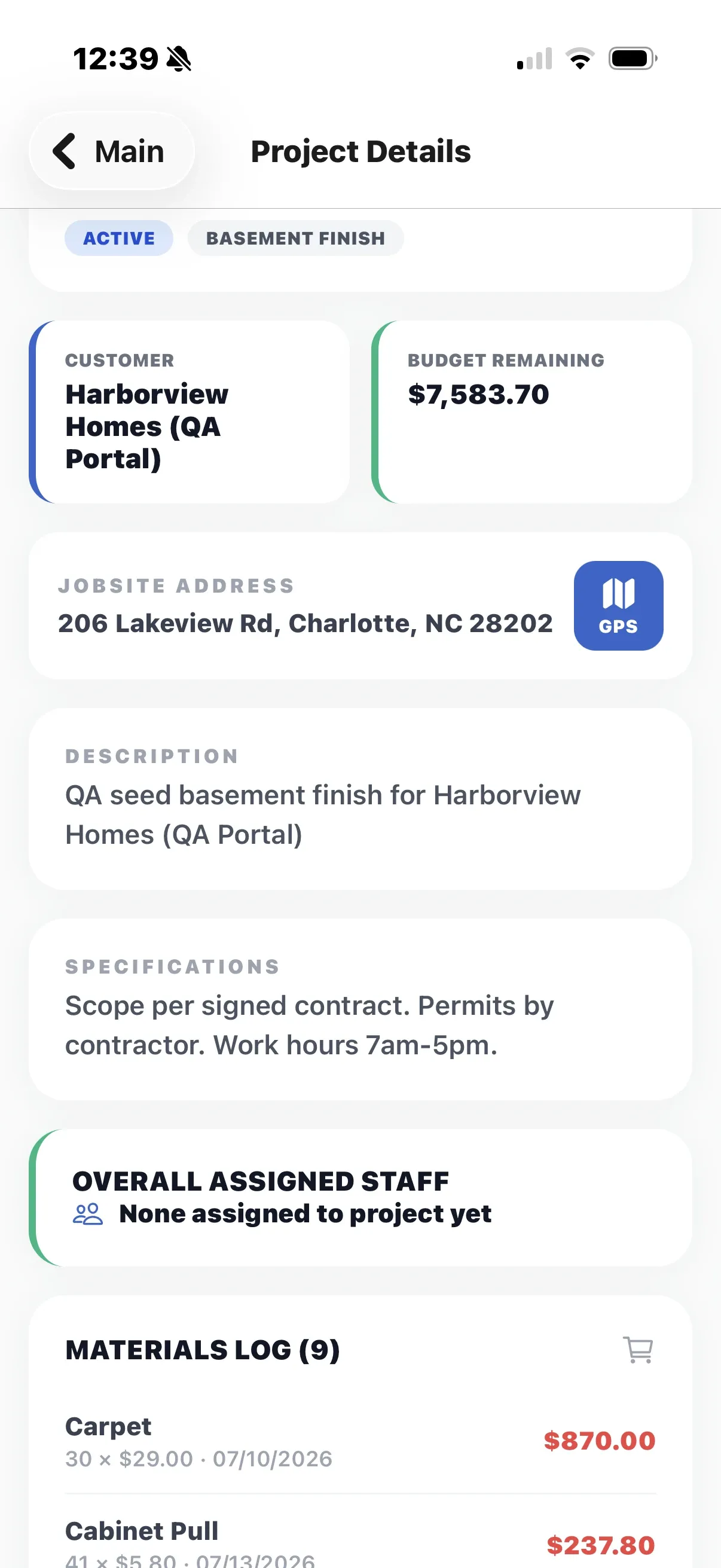 The Project Details screen with customer, budget remaining, jobsite address and the materials log.