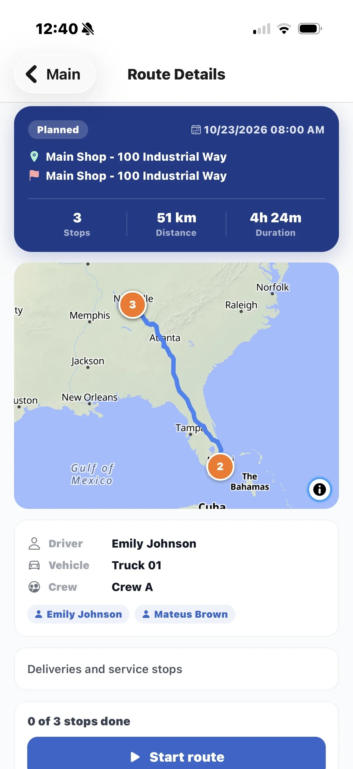The Route Details screen with a map of the route, driver, vehicle, crew and a Start route button.