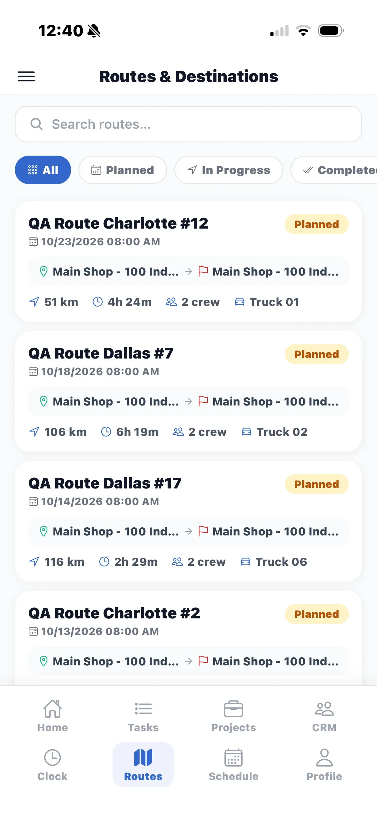 The Routes & Destinations screen listing planned routes with distance, duration, crew and truck.
