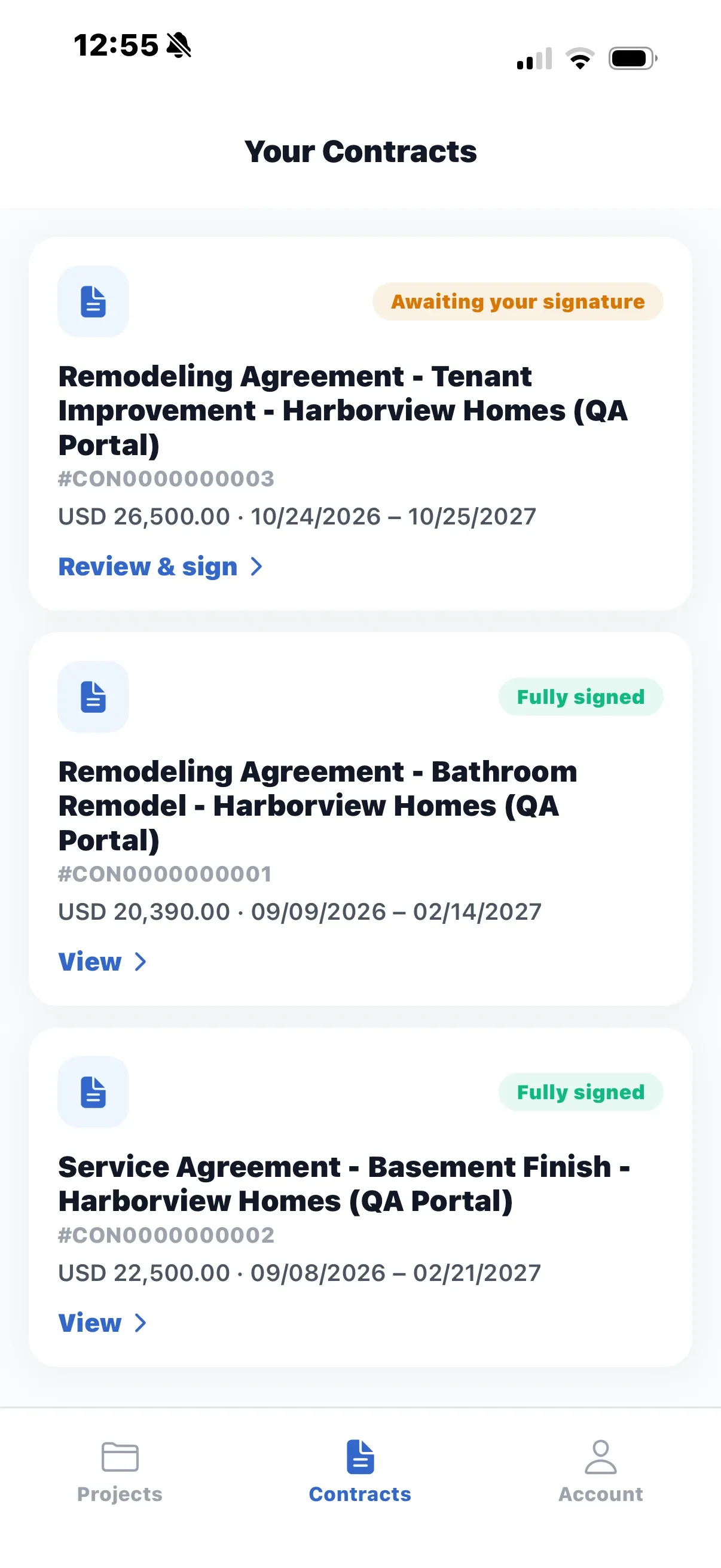 The Your Contracts screen listing contracts with their signature status.