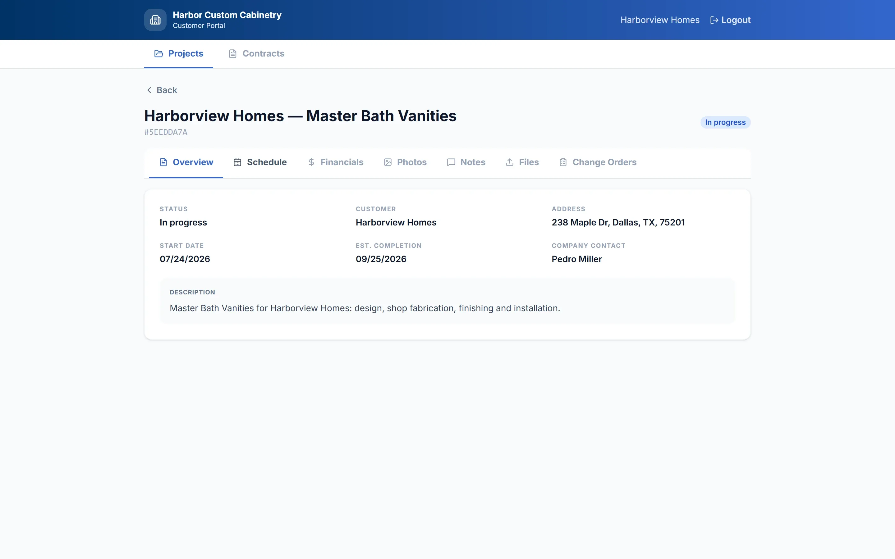 The customer portal showing a project overview with its tabs.
