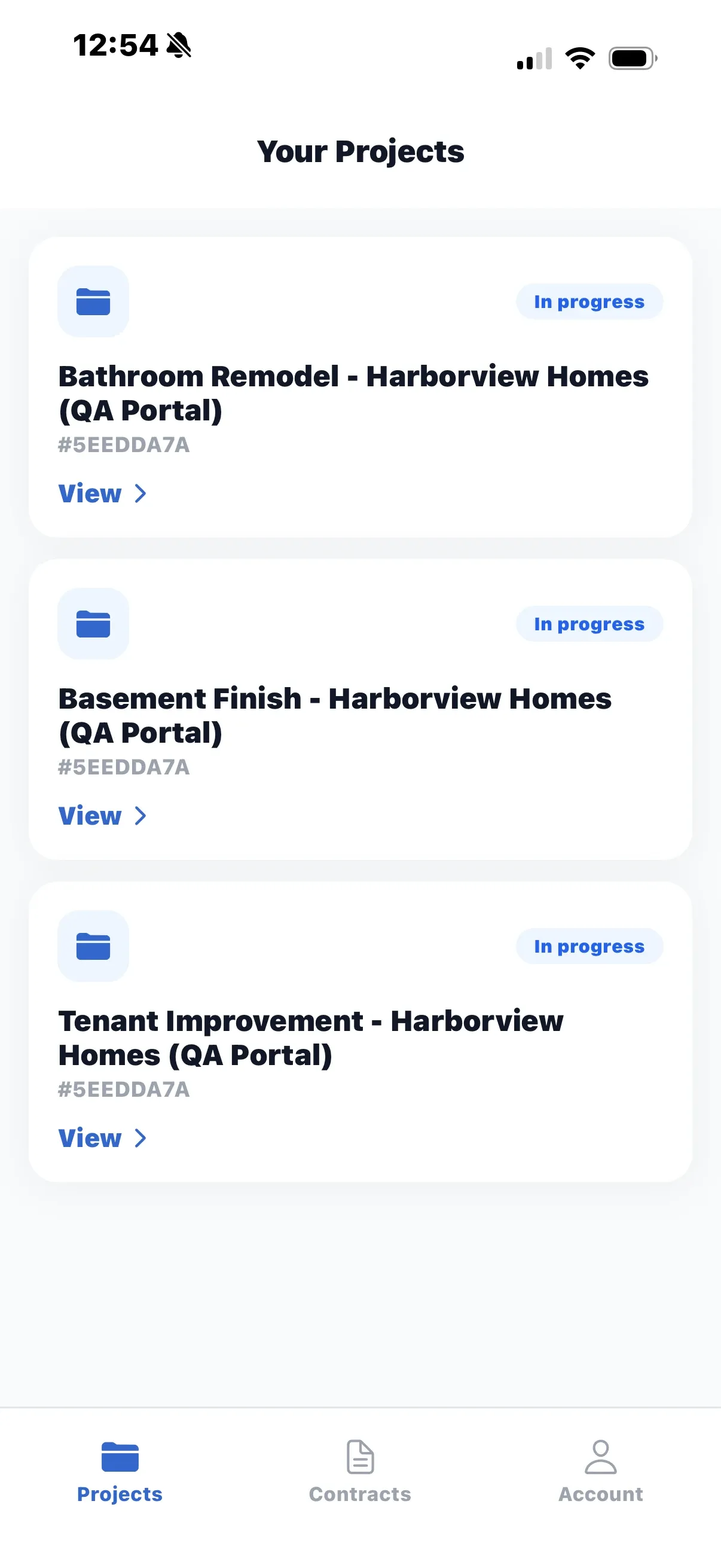 The Your Projects screen of the customer app listing shared projects with their status.