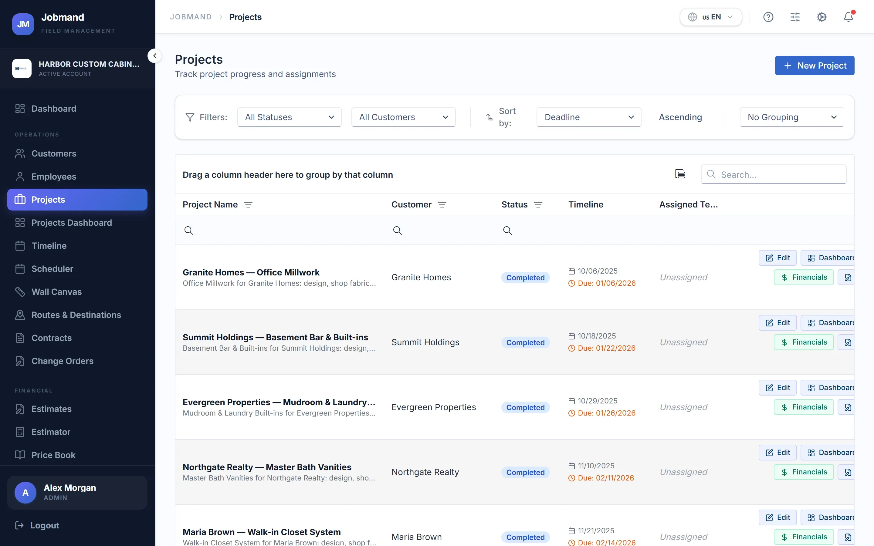 The Projects list with status, timeline and assigned team.