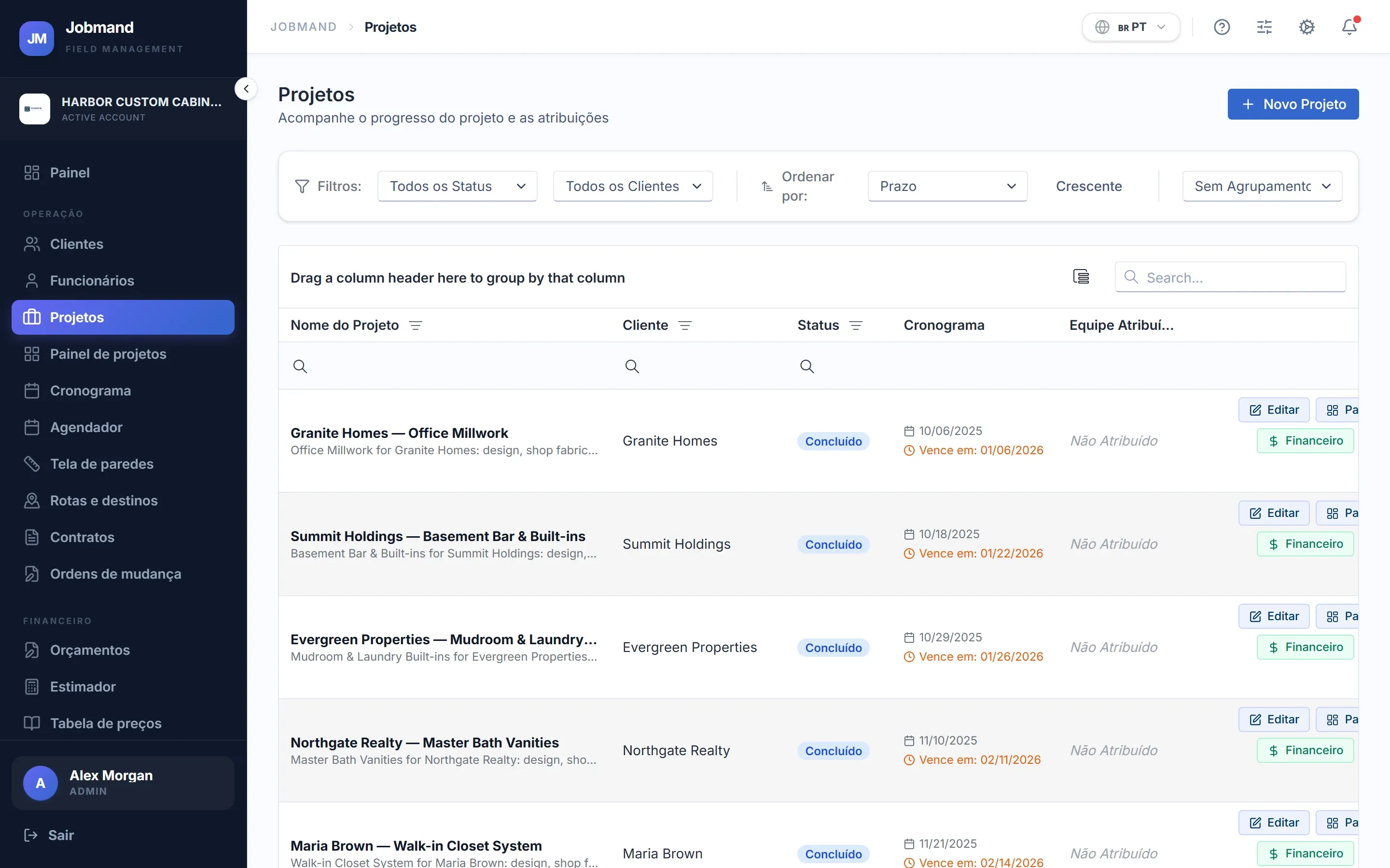 A lista de Projetos com status, linha do tempo e equipe designada.