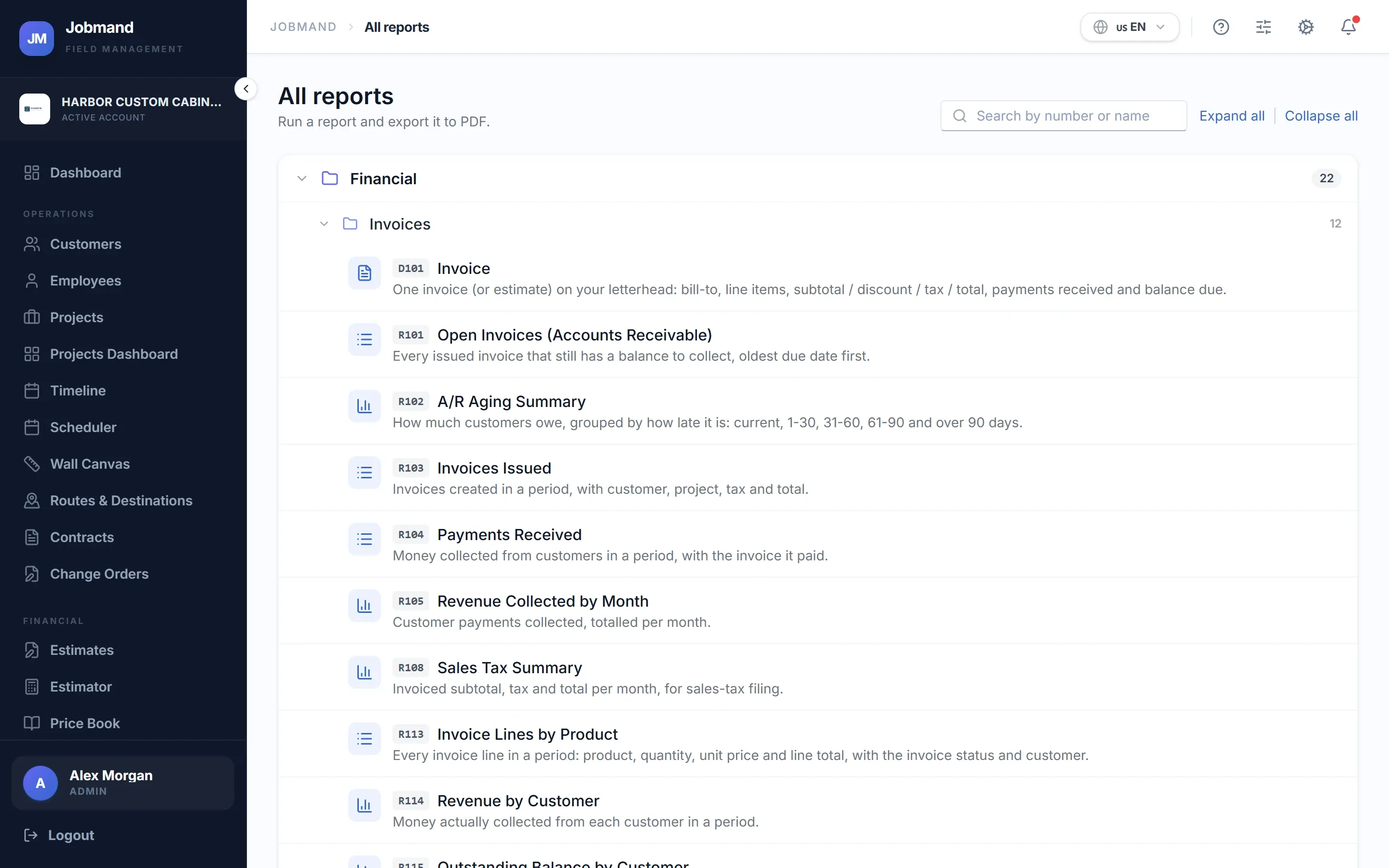 The reports library grouped by area, with numbered standard reports.