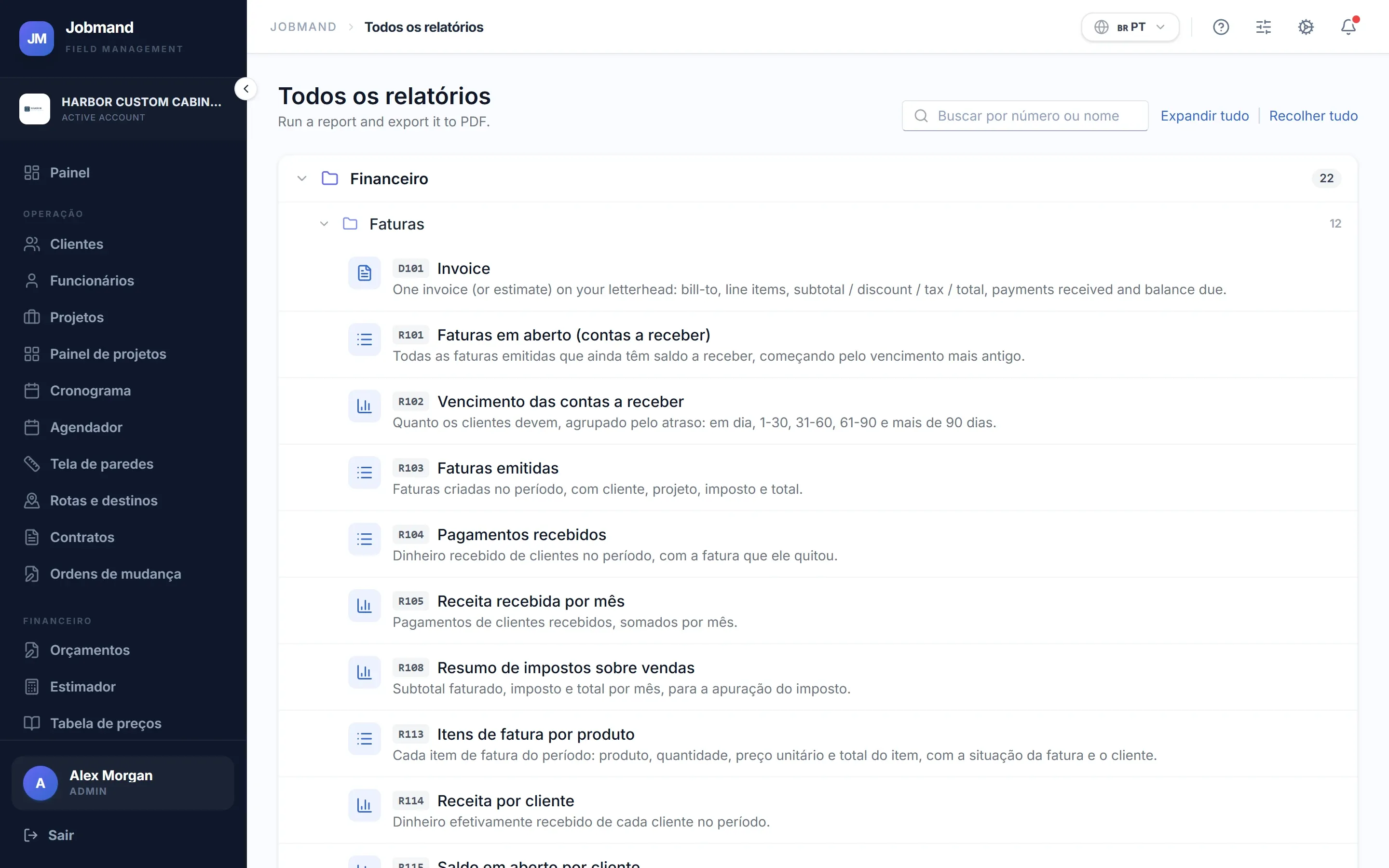 A biblioteca de relatórios agrupada por área, com relatórios padrão numerados.