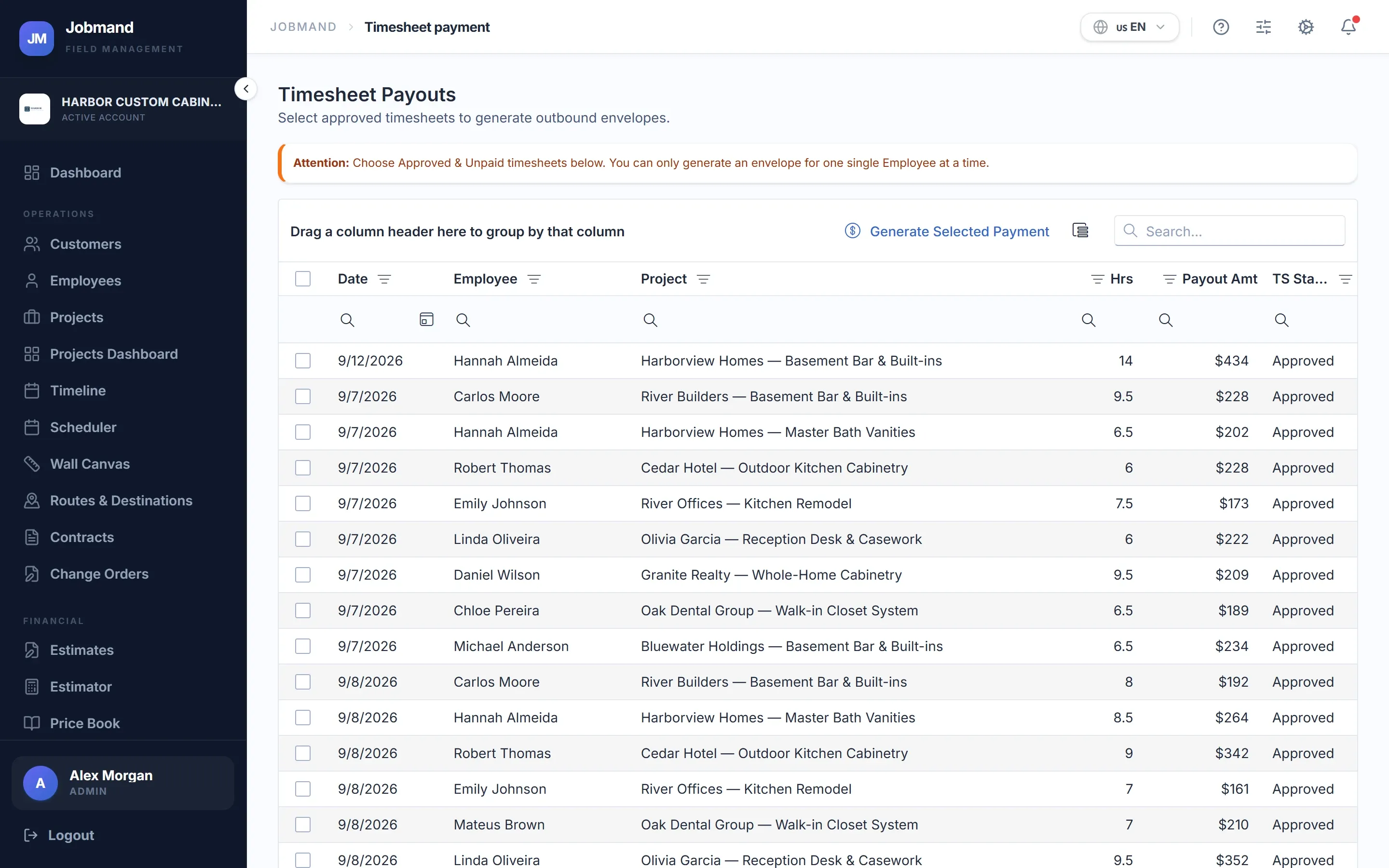 Timesheet payment screen listing approved hours per employee.